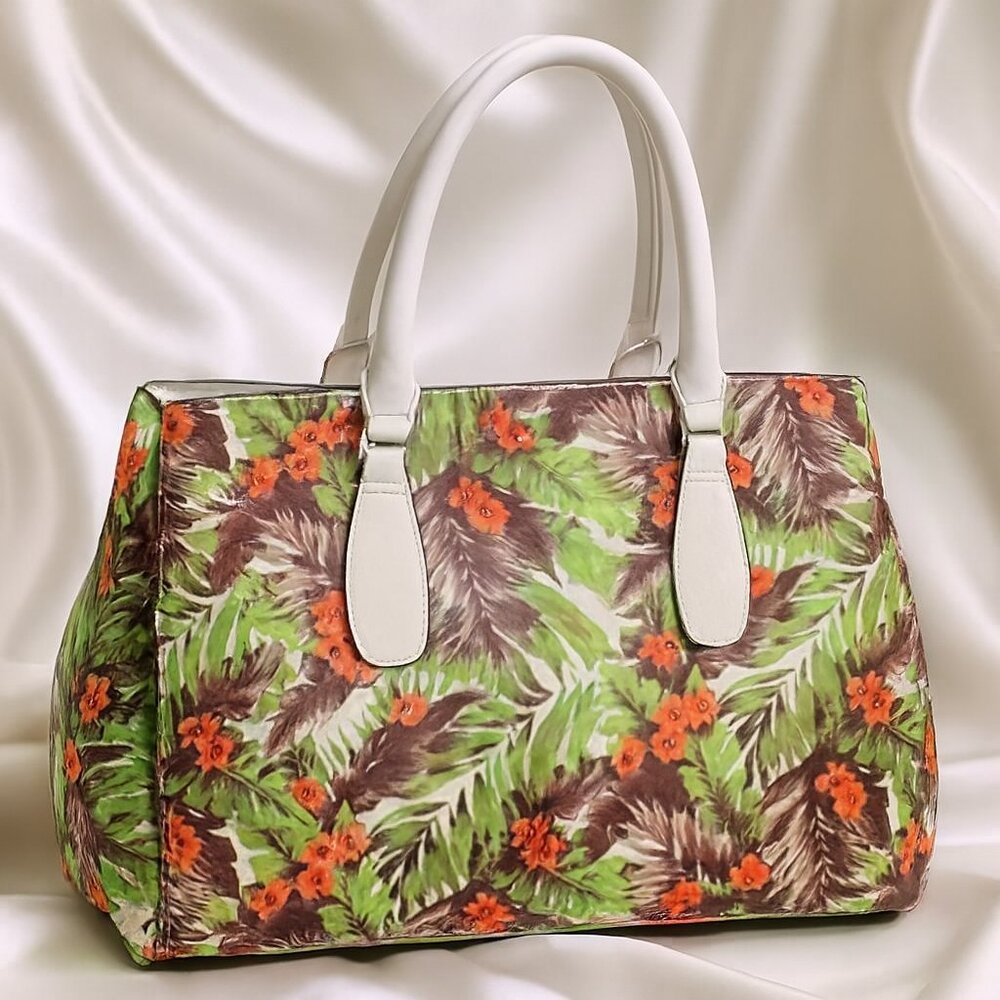 Tropical Floral Vegan Leather Tote Handbag – White Handles, Chic Designer Style